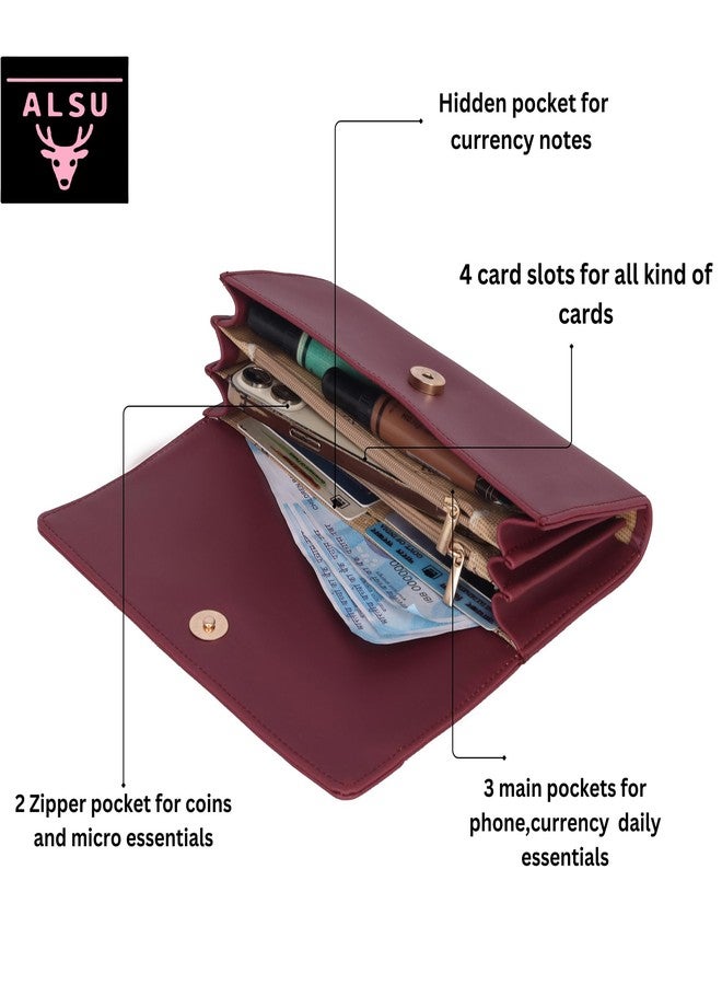 ALSU Women's Maroon Wallet Hand Purse Clutch Vegan Leather | Embossed Design | Phone Pocket | 4 Card Pocket (nur-002mar) - Image 5